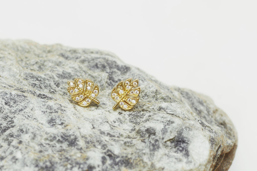 Tiny Pavé Monstera Studs