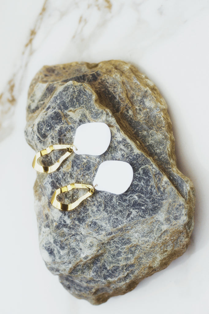 Abstract White and Gold Drop Earrings