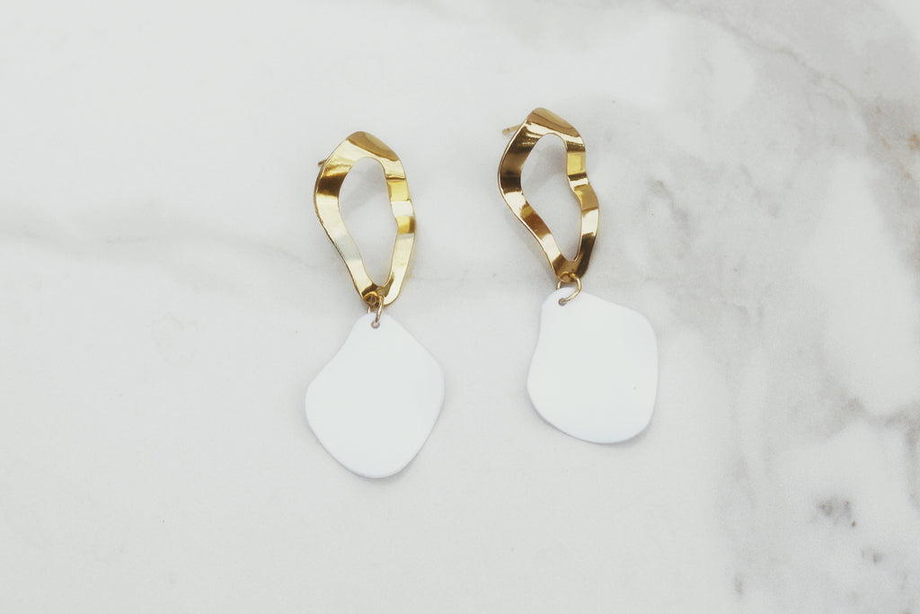 Abstract White and Gold Drop Earrings